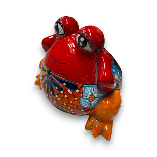Colorful Talavera Frog Planter | Handcrafted Mexican Pottery Statue (Medium) - hand-painted red frog planter with floral Talavera patterns