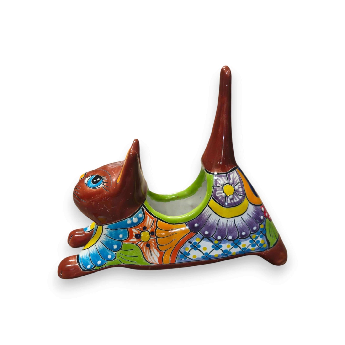 Talavera Cat Planter | Colorful Handcrafted Stretching Animal Pot - hand-painted green stretching cat planter with floral Talavera patterns
