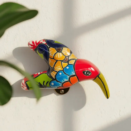 Colorful Talavera Hummingbird | Handcrafted Mexican Decor - vibrant handpainted Talavera hummingbird wall figurine in red blue yellow green