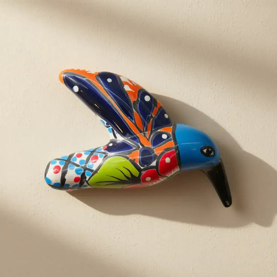 Colorful Talavera Hummingbird | Handcrafted Mexican Decor - bright handcrafted Talavera hummingbird figurine with red blue yellow green glazes