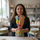 Talavera Lady Planter | Handcrafted Mexican Folk Art - artisan holding colorful hand-painted Picasso-style ceramic planter