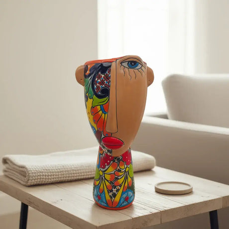 Talavera Lady Planter | Handcrafted Mexican Folk Art - colorful hand-painted Picasso-style female ceramic planter on wooden side table