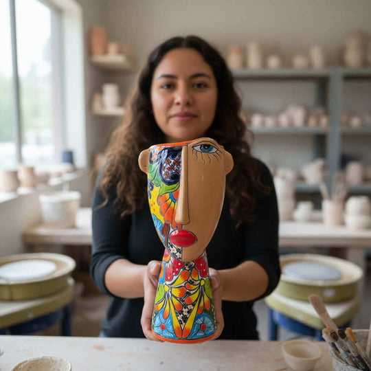Talavera Lady Planter | Handcrafted Mexican Folk Art - artisan holding colorful hand-painted Picasso-style ceramic planter