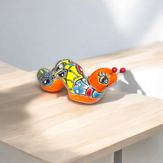Talavera Caterpillar Art | Handcrafted Mexican Ceramic Figurine - hand-painted orange Talavera caterpillar figurine from Guanajuato