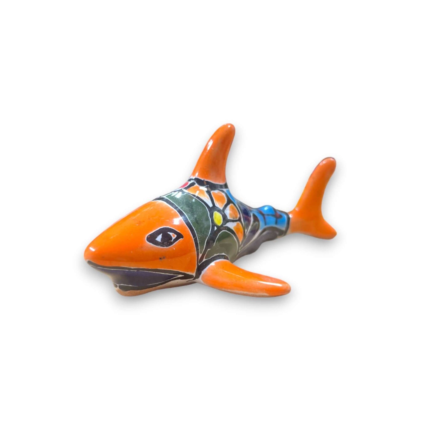 Vibrant Talavera Shark Figurine | Handcrafted Mexican Decor - hand-painted orange, blue, green floral ceramic shark accent