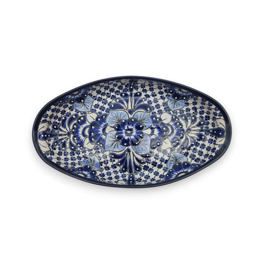 Handcrafted Talavera Oval Platter | Blue & White Mexican Art - artisan blue floral oval serving platter with dark rim