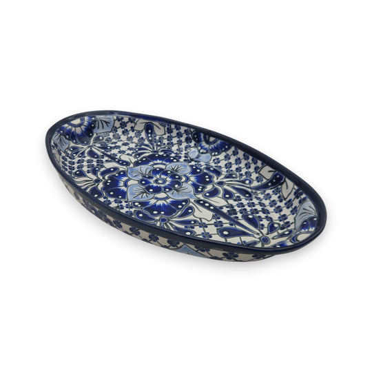 Handcrafted Talavera Oval Platter | Blue & White Mexican Art - hand-painted cobalt floral oval serving platter