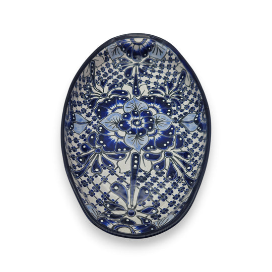Handcrafted Talavera Oval Platter | Blue & White Mexican Art - hand-painted cobalt floral oval serving platter with dark rim