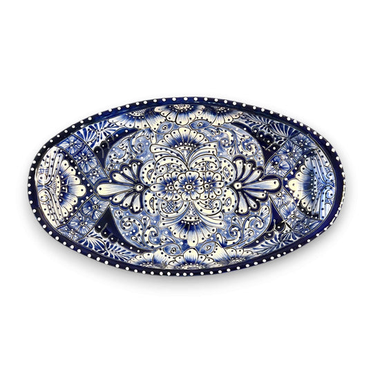 Talavera Oval Serving Platter | Blue & White Mexican Kitchenware hand-painted cobalt rim, kiln-fired lead-free glaze, Guanajuato artisan platter