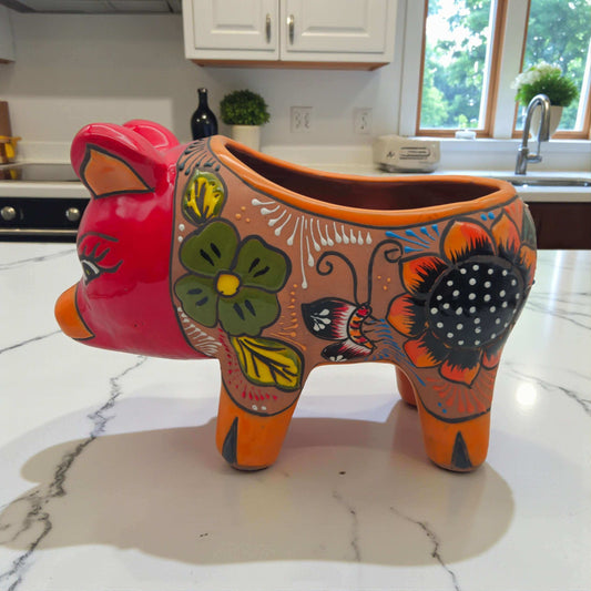 Handcrafted Talavera Pig Planter | Mexican Terracotta Art vibrant hand-painted sunflower and butterfly pig-shaped planter