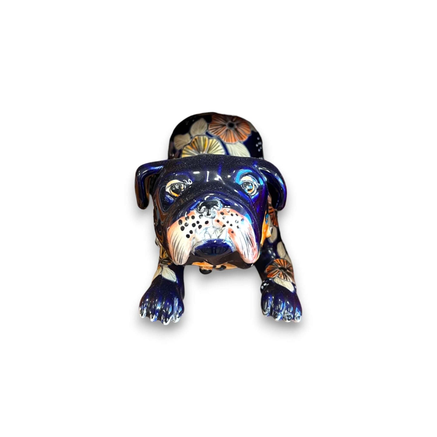 Handcrafted Talavera Pug Statue | Colorful Mexican Dog Art (Medium) - hand-painted blue floral ceramic pug statue from Guanajuato