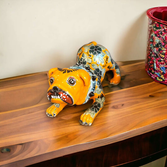 Handcrafted Talavera Pug Statue | Colorful Mexican Dog Art (Medium) - hand-painted yellow floral Talavera pug on wooden shelf