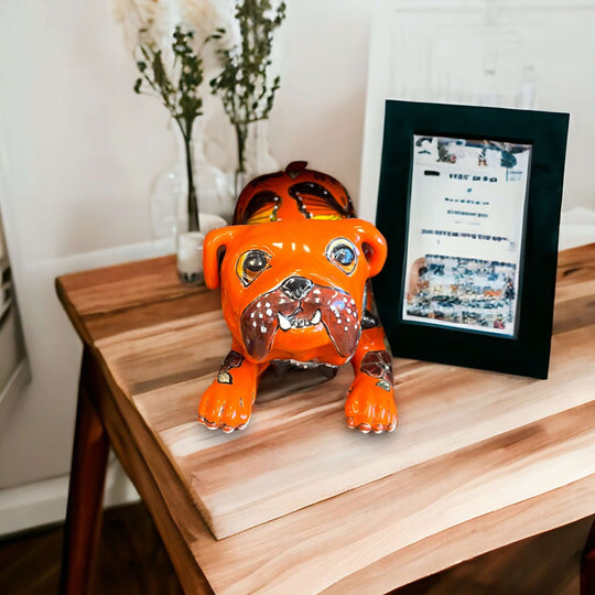 Handcrafted Talavera Pug Statue | Colorful Mexican Dog Art (Medium) - hand-painted orange Talavera pug figurine on wooden table