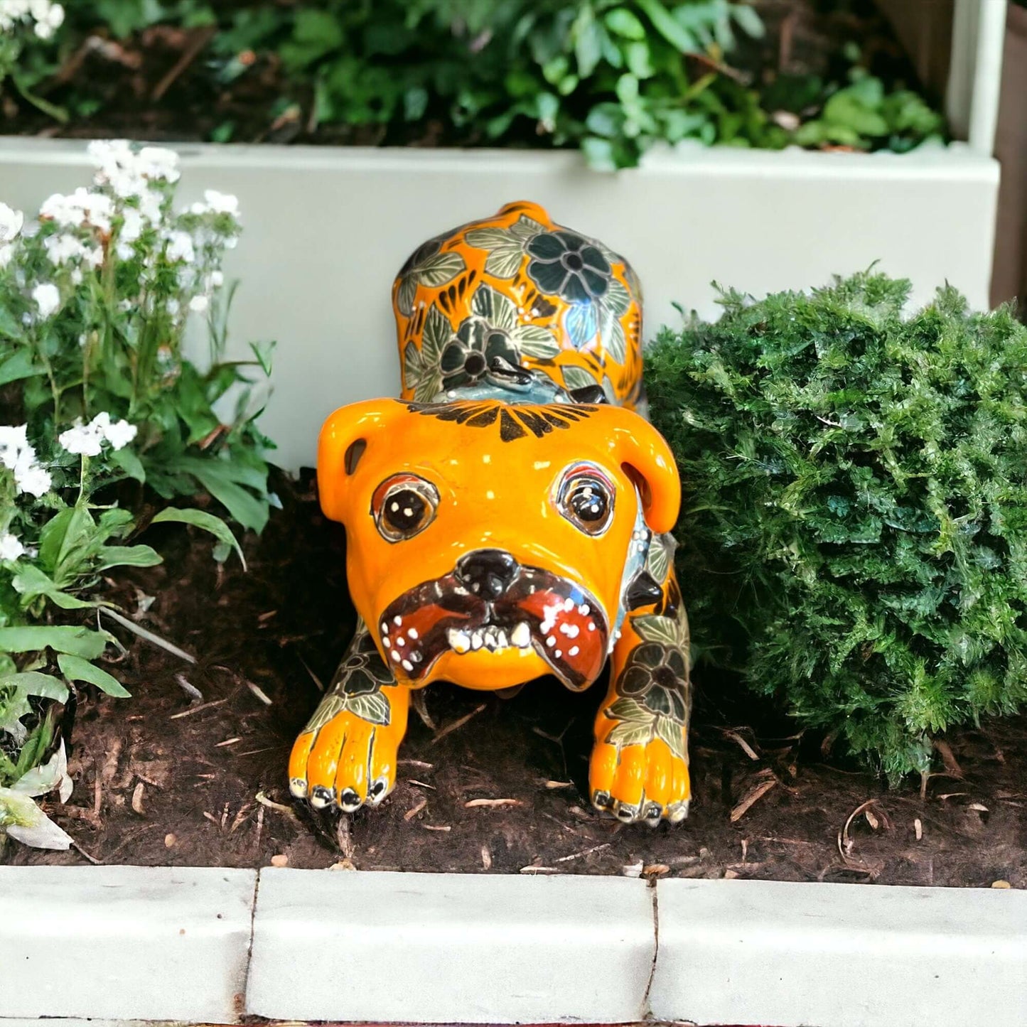 Handcrafted Talavera Pug Statue | Colorful Mexican Dog Art (Medium) - hand-painted orange Talavera pug garden statue from Guanajuato, Mexico