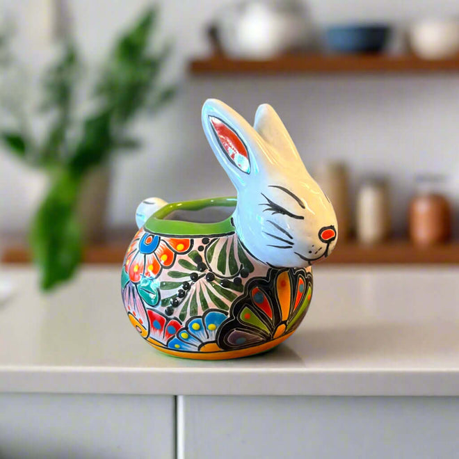 Talavera Rabbit Planter | Handcrafted Mexican Bunny Pot - colorful hand-painted Talavera ceramic bunny planter from Guanajuato, Mexico