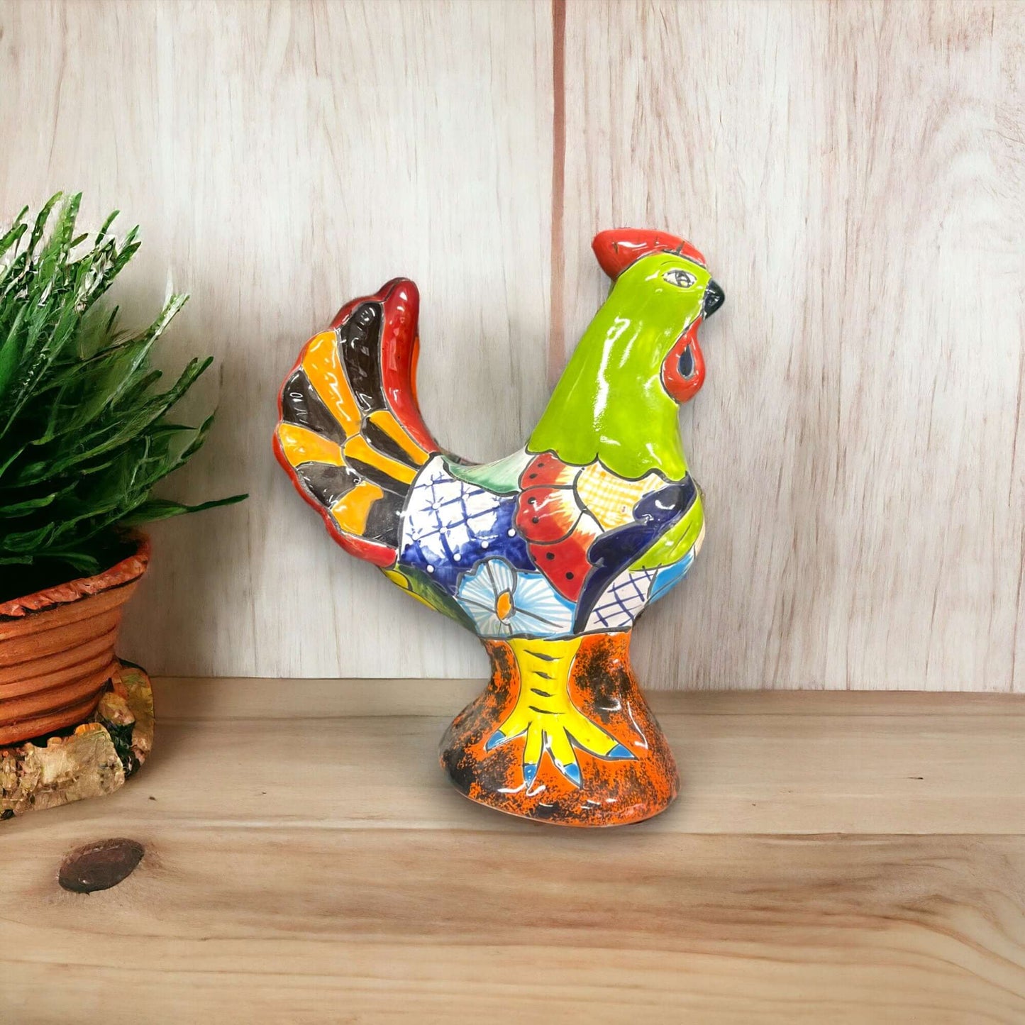 Colorful Handcrafted Talavera Rooster Statue | Mexican Folk Art Chicken Decor - hand-painted kiln-fired Talavera rooster from Guanajuato, Mexico
