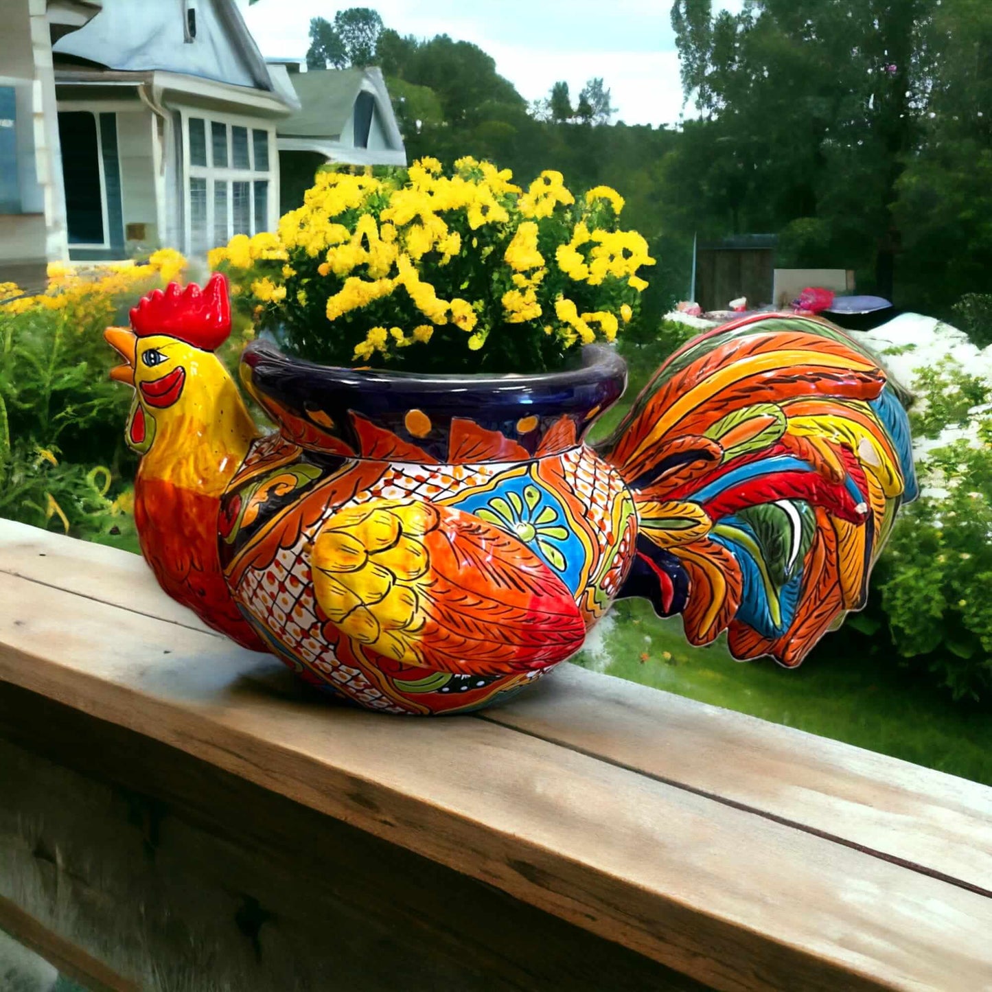 Talavera Rooster Planter | Handcrafted Colorful Mexican Ceramic Pot - hand-painted Talavera rooster-shaped planter with bright reds blues yellows and greens