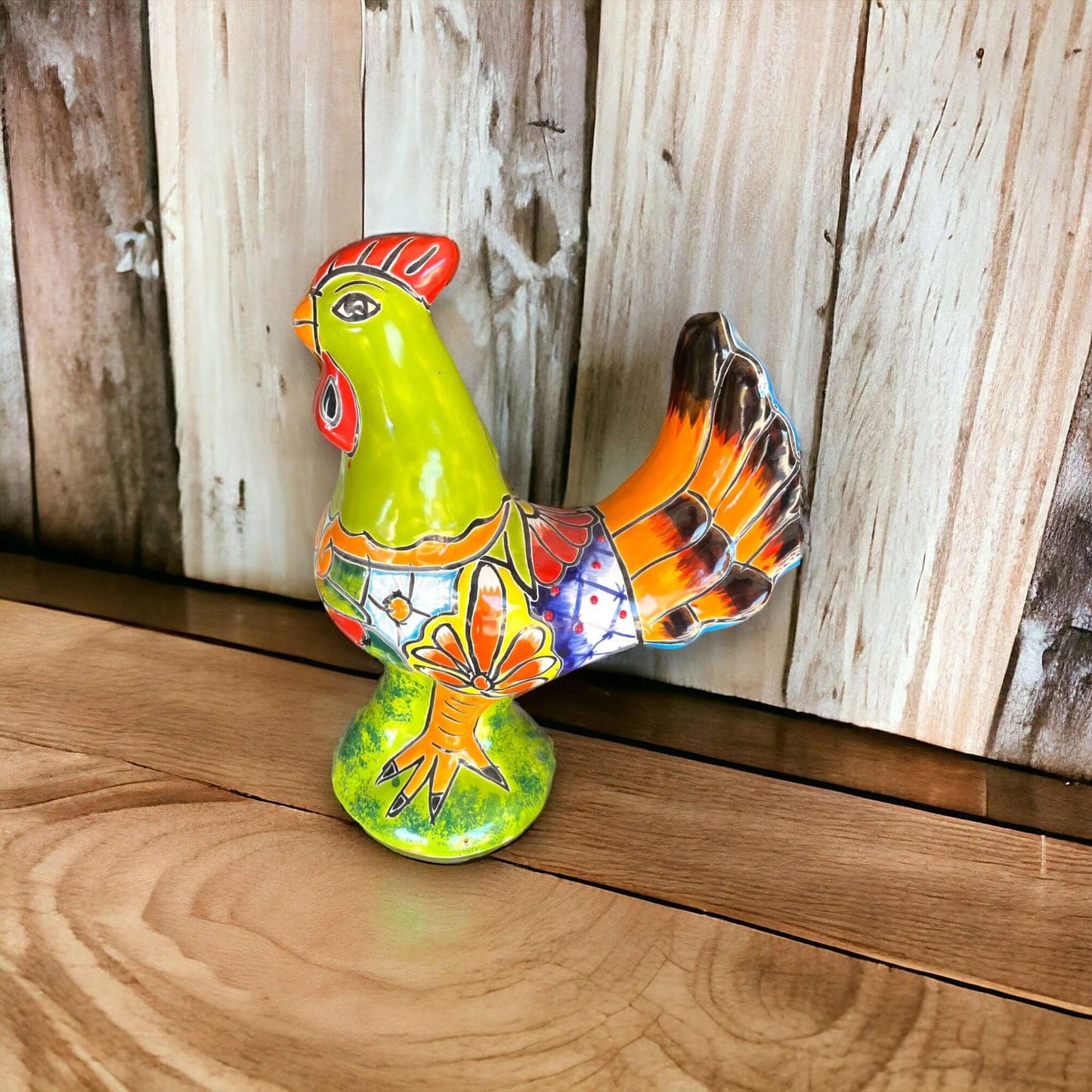 Colorful Handcrafted Talavera Rooster Statue | Mexican Folk Art Chicken Decor - hand-painted Talavera ceramic rooster from Guanajuato