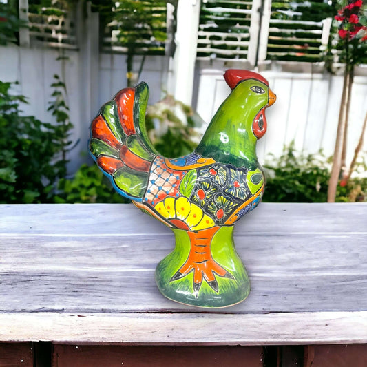 Colorful Handcrafted Talavera Rooster Statue | Mexican Folk Art Chicken Decor hand-painted kiln-fired Talavera rooster from Guanajuato, Mexico