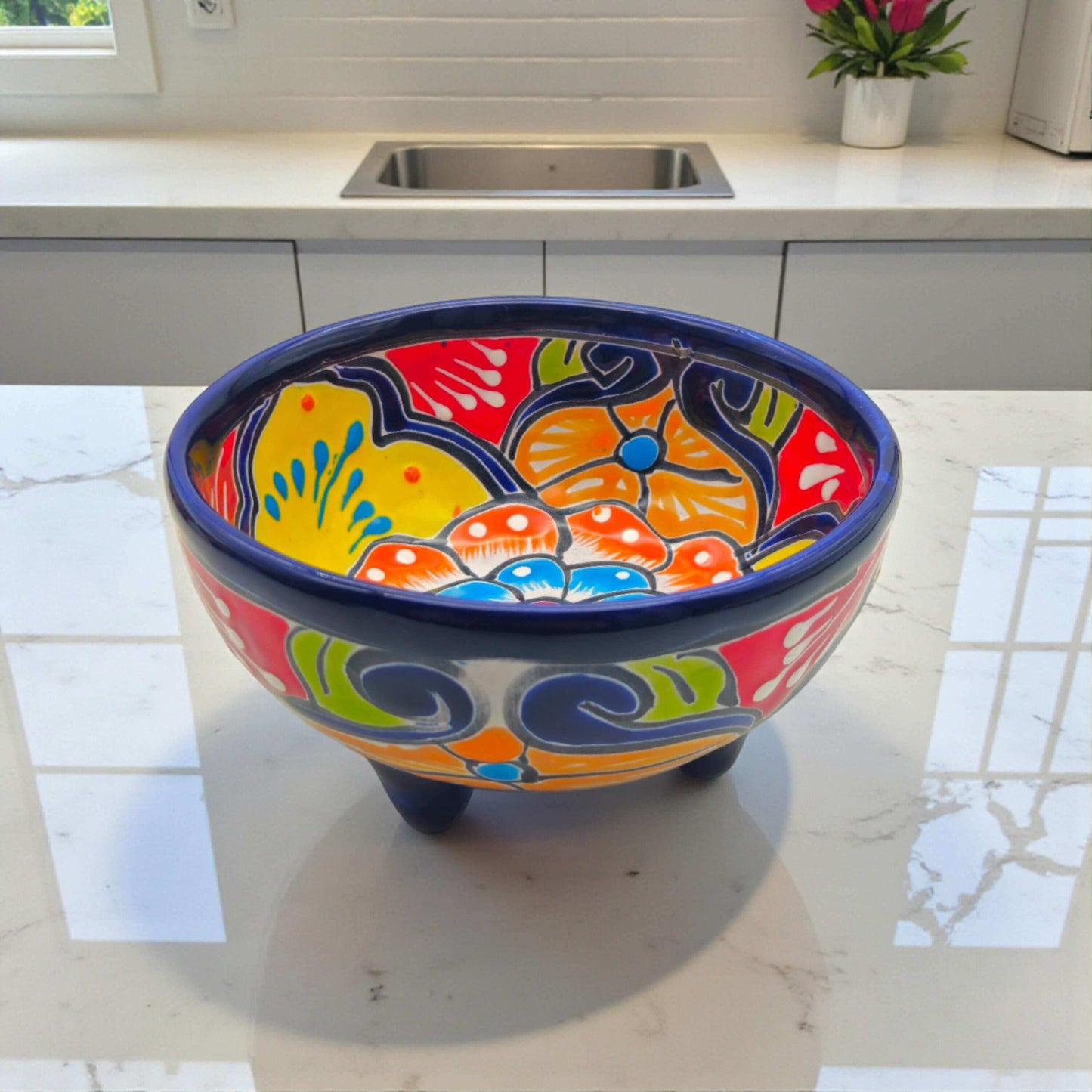 Talavera Salsa Bowl | Handcrafted Mexican Molcajete - vibrant hand-painted orange green blue three-legged ceramic salsa bowl from Guanajuato, Mexico