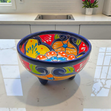 Talavera Salsa Bowl | Handcrafted Mexican Molcajete - vibrant hand-painted orange green blue three-legged ceramic salsa bowl from Guanajuato, Mexico