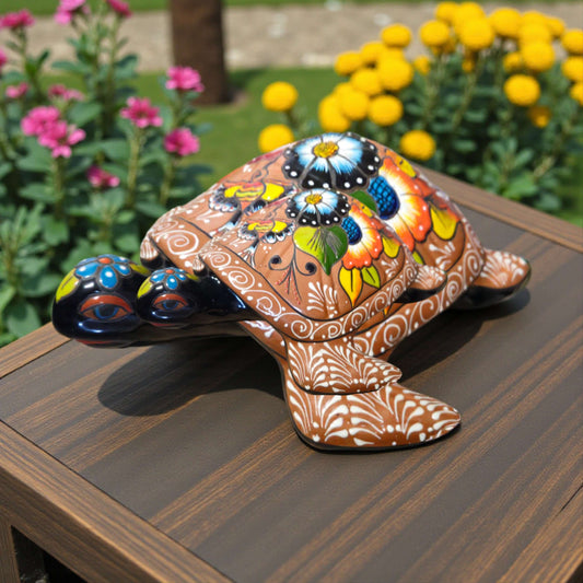 Colorful Talavera Sea Turtle | Handcrafted Mexican Art - handpainted terracotta turtle with vivid blue, orange & yellow floral patterns for home or garden