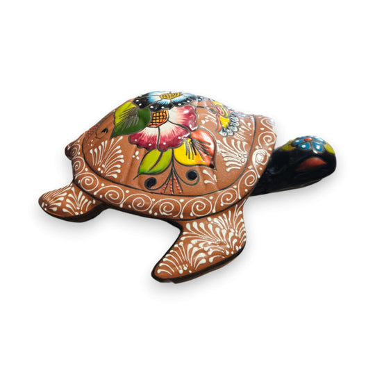Colorful Talavera Sea Turtle | Handcrafted Mexican Art terracotta turtle sculpture with vivid floral patterns for home or garden decor