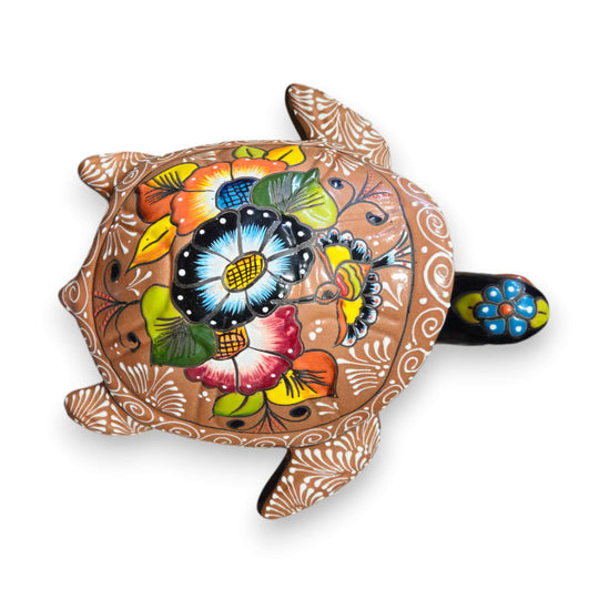 Colorful Talavera Sea Turtle | Handcrafted Mexican Art terracotta turtle with vivid blue, orange, green floral patterns for home or garden decor