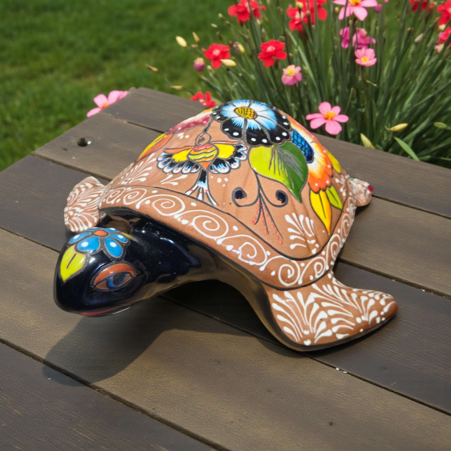 Colorful Talavera Sea Turtle | Handcrafted Mexican Art terracotta turtle sculpture with vivid floral patterns in blue orange green and yellow