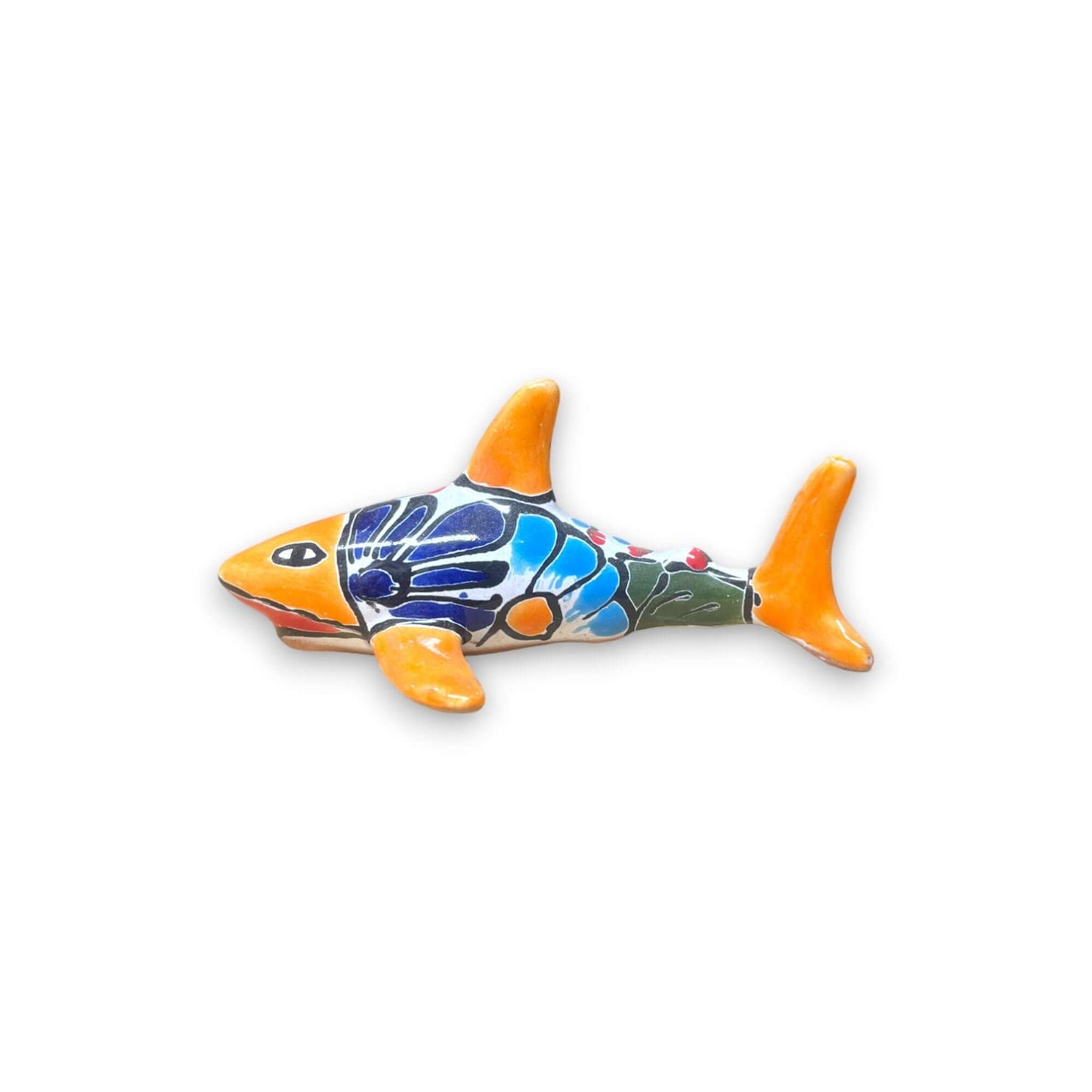 Vibrant Talavera Shark Figurine | Handcrafted Mexican Decor colorful hand-painted ceramic shark with floral motifs, bright yellow blue red green accents