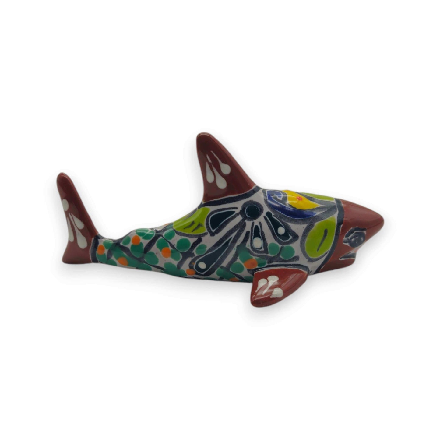 Vibrant Talavera Shark Figurine | Handcrafted Mexican Decor — hand-painted yellow blue red green floral ceramic shark accent