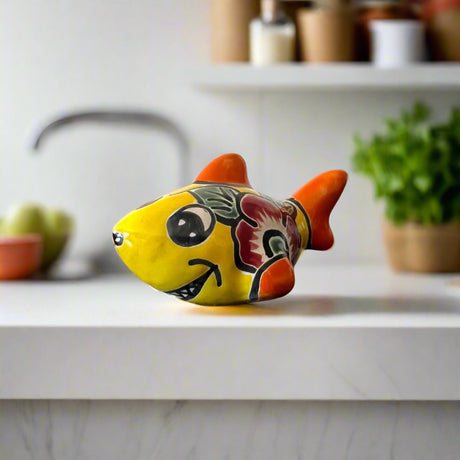 Colorful Talavera Shark Figurine | Handcrafted Mexican Pottery Decor - hand-painted yellow Talavera shark figurine with floral motifs