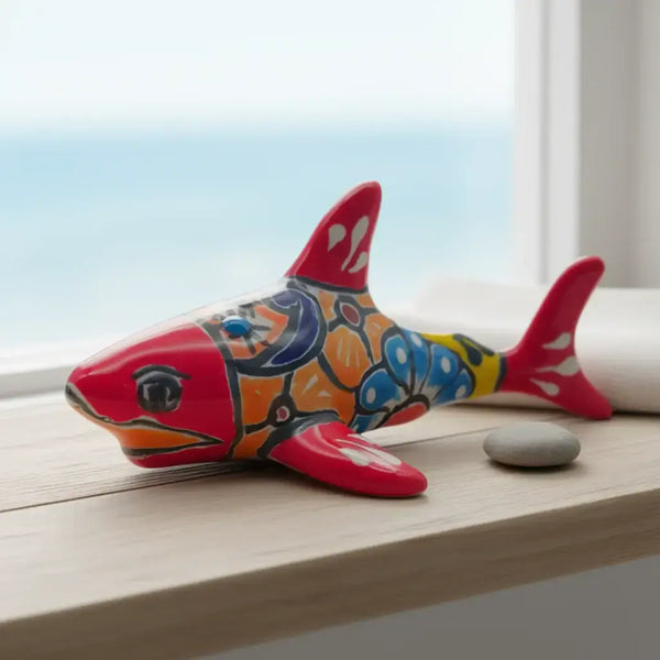 Vibrant Talavera Shark Figurine | Handcrafted Mexican Decor - hand-painted red, yellow, blue floral ceramic shark on windowsill, coastal room accent