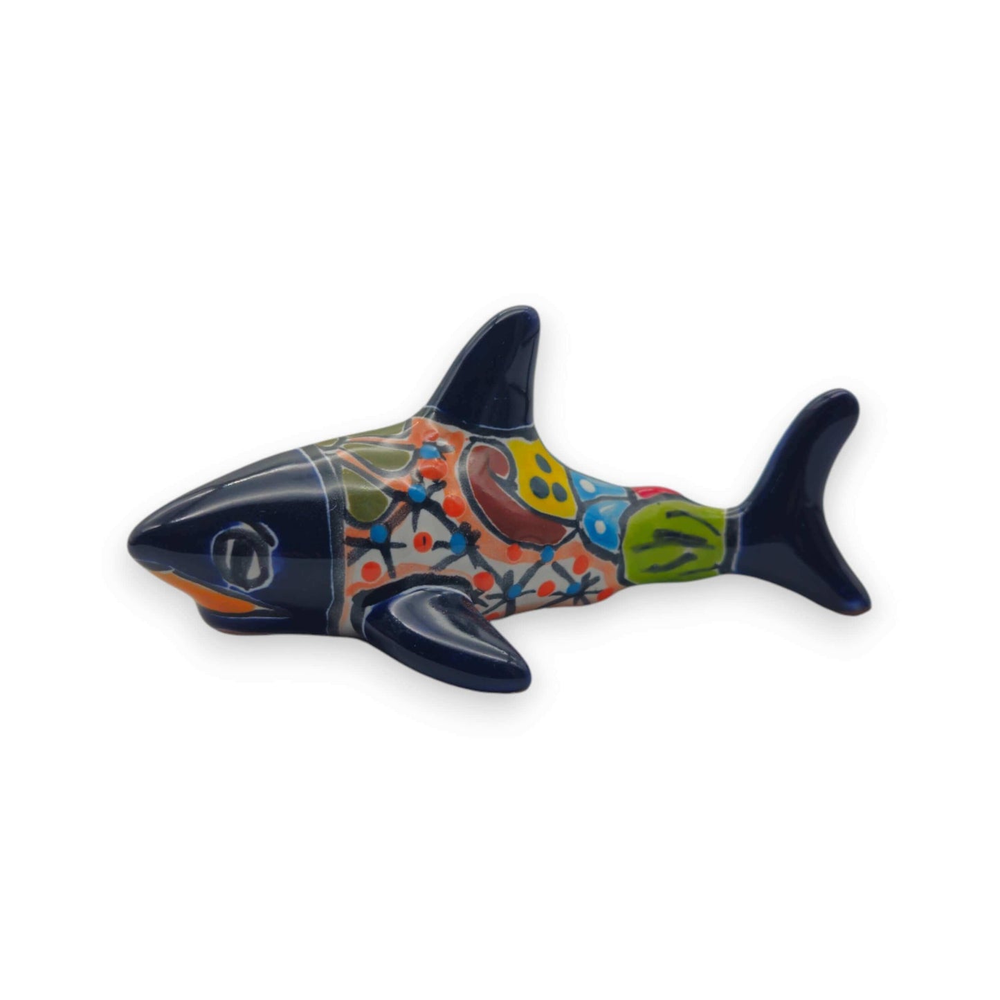 Vibrant Talavera Shark Figurine | Handcrafted Mexican Decor - hand-painted yellow blue red green floral shark accent