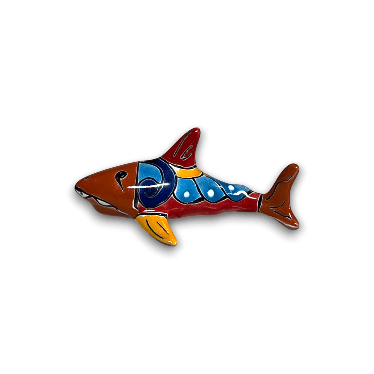 Vibrant Talavera Shark Figurine | Handcrafted Mexican Decor - hand-painted yellow blue red green floral motifs ceramic shark accent