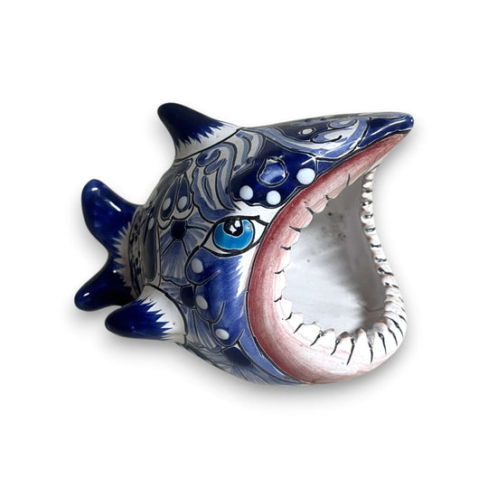 Colorful Talavera Shark Soap Dish | Handcrafted Ceramic Holder hand-painted blue shark-shaped Talavera soap dish handcrafted in Guanajuato, Mexico
