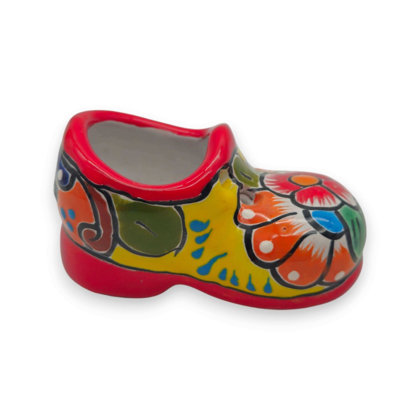 Vibrant Talavera Shoe Planter | Handcrafted Mexican Pottery - colorful painted ceramic shoe planter with floral motifs