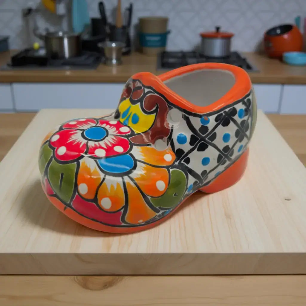 Vibrant Talavera Shoe Planter | Handcrafted Mexican Pottery - colorful handpainted ceramic shoe planter with floral motifs