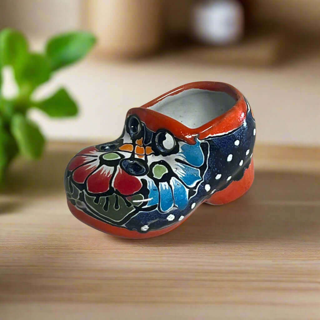 Vibrant Talavera Shoe Planter | Handcrafted Mexican Pottery - colorful handcrafted painted ceramic shoe planter with floral motifs