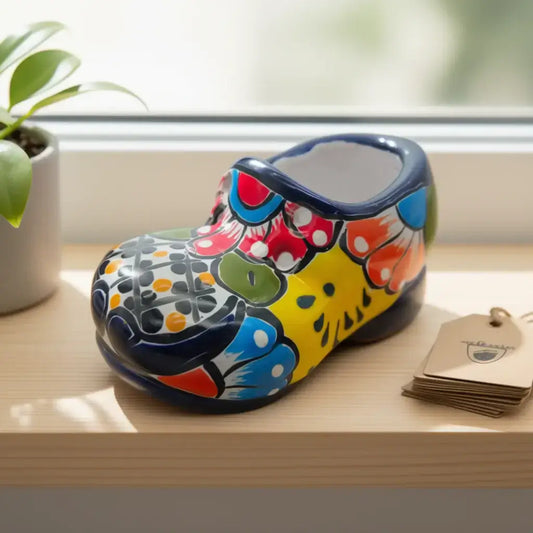 Vibrant Talavera Shoe Planter | Handcrafted Mexican Pottery - colorful hand-painted ceramic shoe planter on windowsill