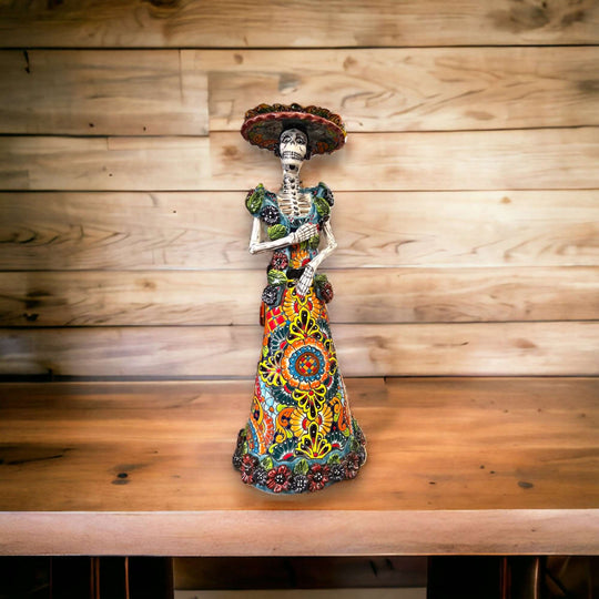 Talavera Skeleton Bride & Groom Set | Day of the Dead Pottery hand-painted skeleton bride figurine in colorful Talavera style