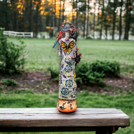 Talavera Skeleton Bride & Groom Set | Day of the Dead Pottery hand-painted Talavera bride figurine with butterfly and floral motifs
