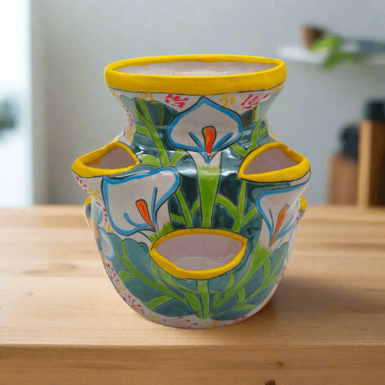 Handcrafted Talavera Strawberry Pot | Bumble Bee Garden Planter - colorful handcrafted Talavera strawberry planter with yellow rims and floral bumble bee motifs