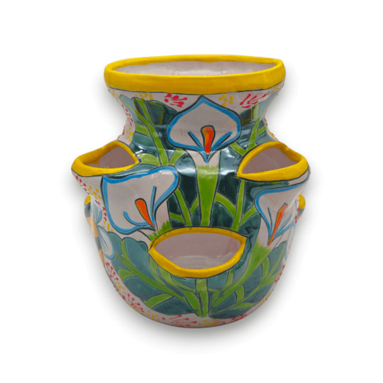 Handcrafted Talavera Strawberry Pot | Bumble Bee Garden Planter - bright yellow rimmed handcrafted Talavera planter with floral and bee motifs