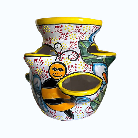 Handcrafted Talavera Strawberry Pot | Bumble Bee Garden Planter - handcrafted Talavera planter with yellow rims, bumblebee motif and strawberry pockets