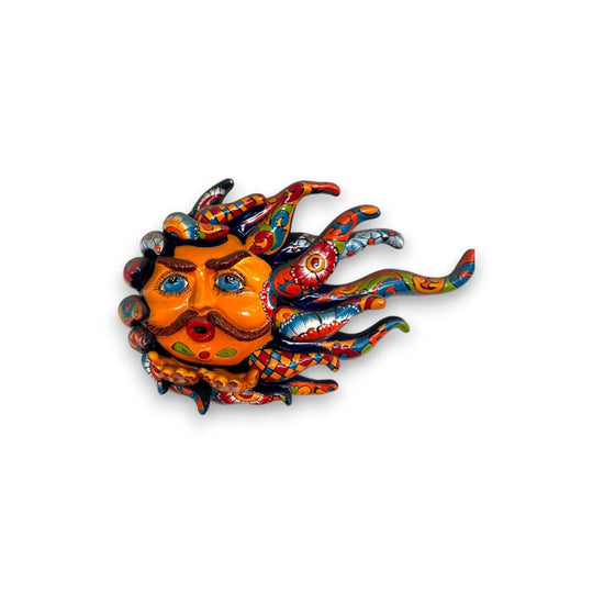 Handcrafted Talavera Sun Face | Colorful Mexican Wall Art - vibrant hand-painted Talavera sun face with mustache blowing a kiss, kiln-fired lead-free glaze