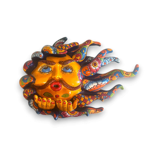 Handcrafted Talavera Sun Face | Colorful Mexican Wall Art - hand-painted kiln-fired sun with mustache blowing a kiss, vibrant Talavera colors