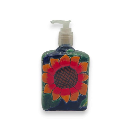 Sunflower Talavera Soap Pump | Handcrafted Ceramic Dispenser - hand-painted sunflower ceramic soap dispenser with blue background, orange petals, kiln-fired lead-free glaze