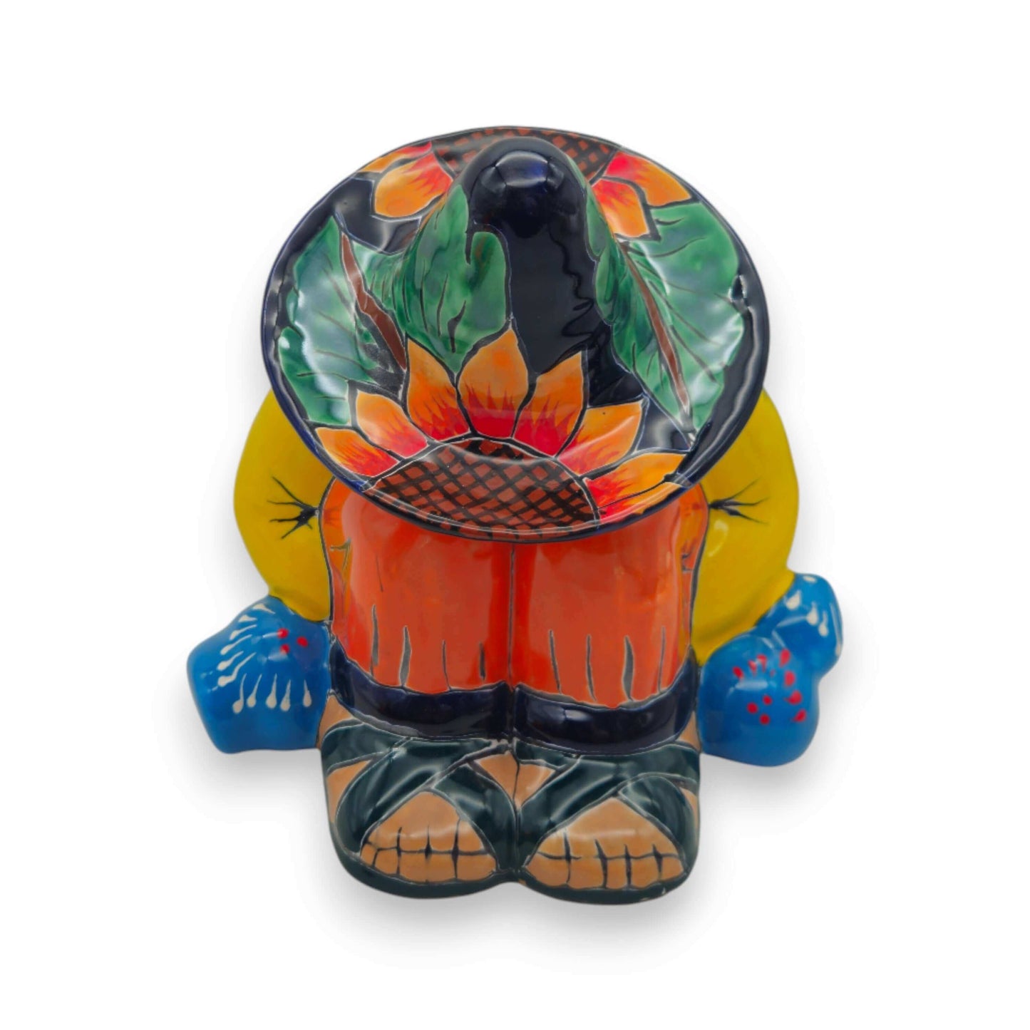Talavera Sunflower Panchito Canister | Handcrafted Mexican Art - top view of colorful handcrafted Talavera sleeping man canister with sunflower sombrero