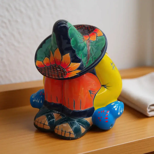Talavera Sunflower Panchito Canister | Handcrafted Mexican Art colorful sleeping man canister with sunflower sombrero